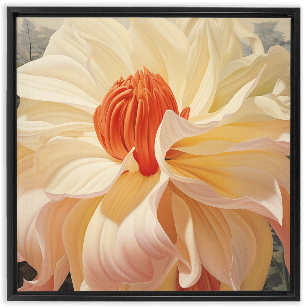 A painting of a white and yellow flower