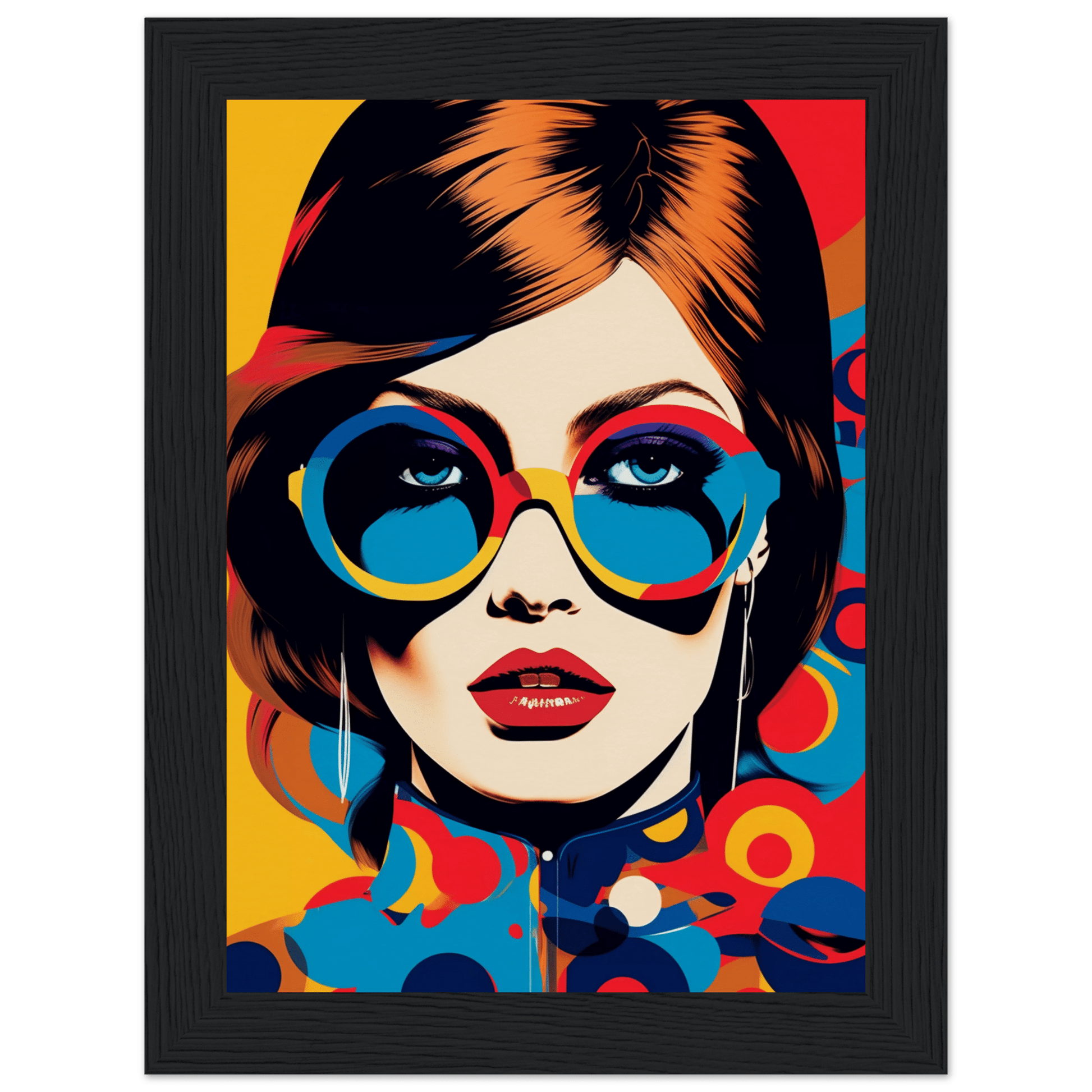 Pop art style portrait of a woman wearing oversized round sunglasses and bright red lipstick.