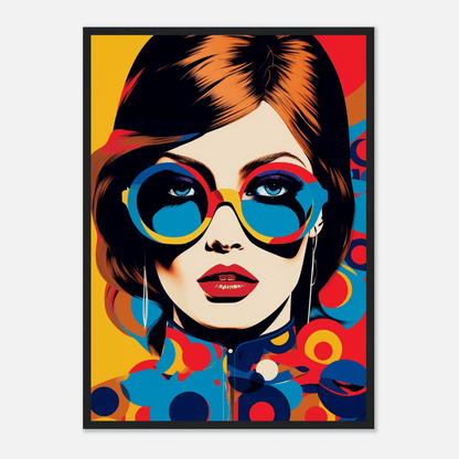 Stylized pop art portrait of a woman wearing colorful round sunglasses.