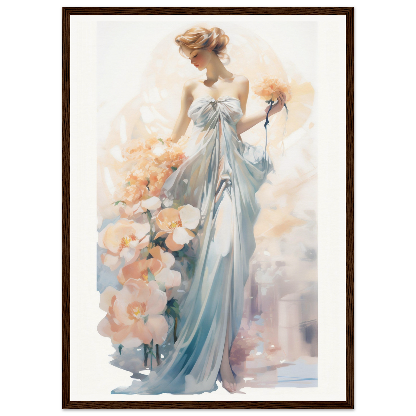 A painting of a woman in a blue dress holding flowers