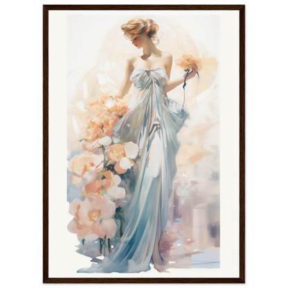 A painting of a woman in a blue dress holding flowers