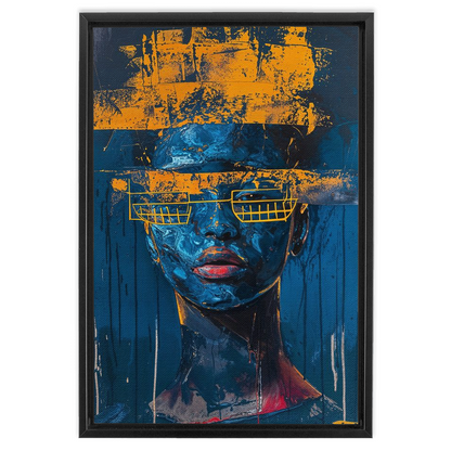 A painting of a woman with a blue face and yellow glasses