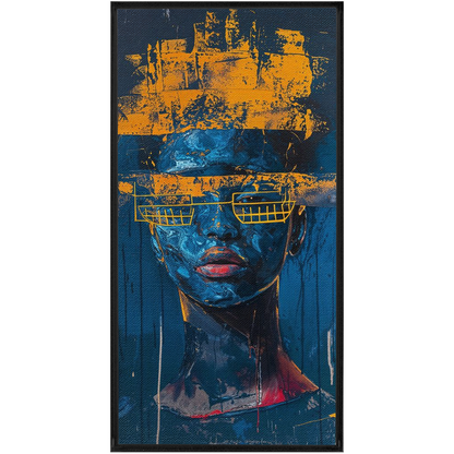 A painting of a woman with a blue face and yellow hair