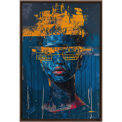 A painting of a woman with a blue face and yellow paint