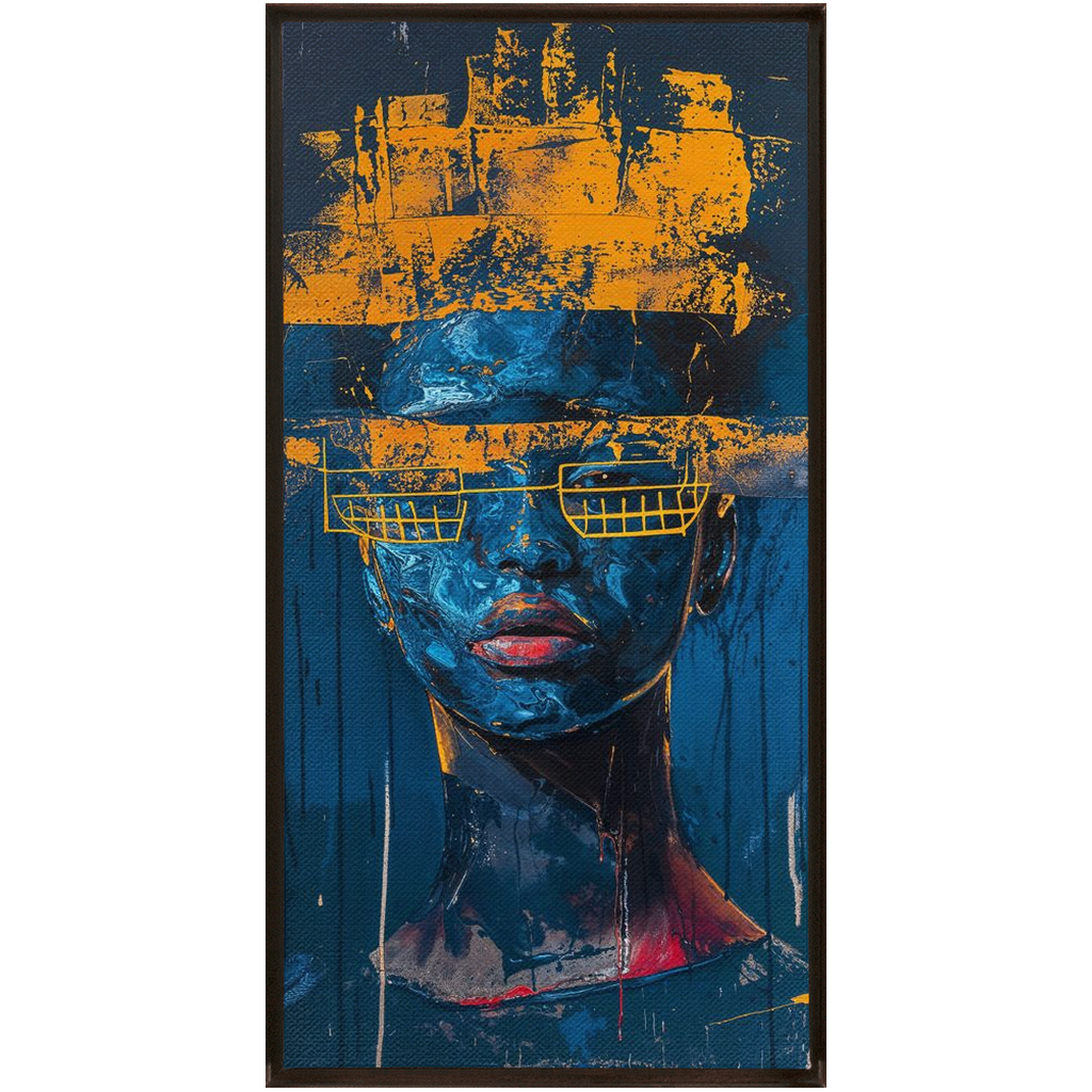 A painting of a woman with a blue face and yellow paint