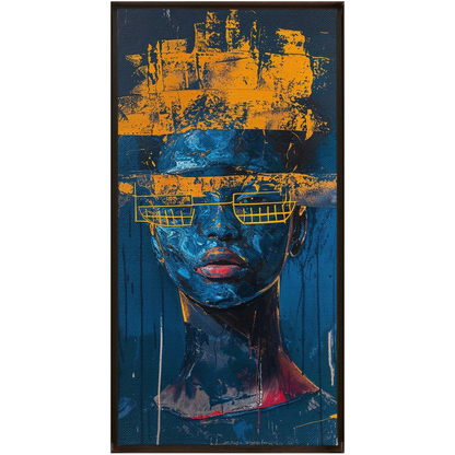 A painting of a woman with a blue face and yellow paint