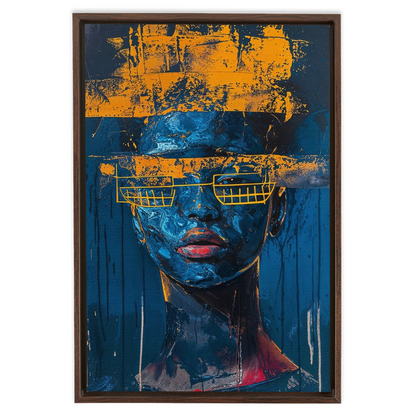 A painting of a woman with a blue and yellow face