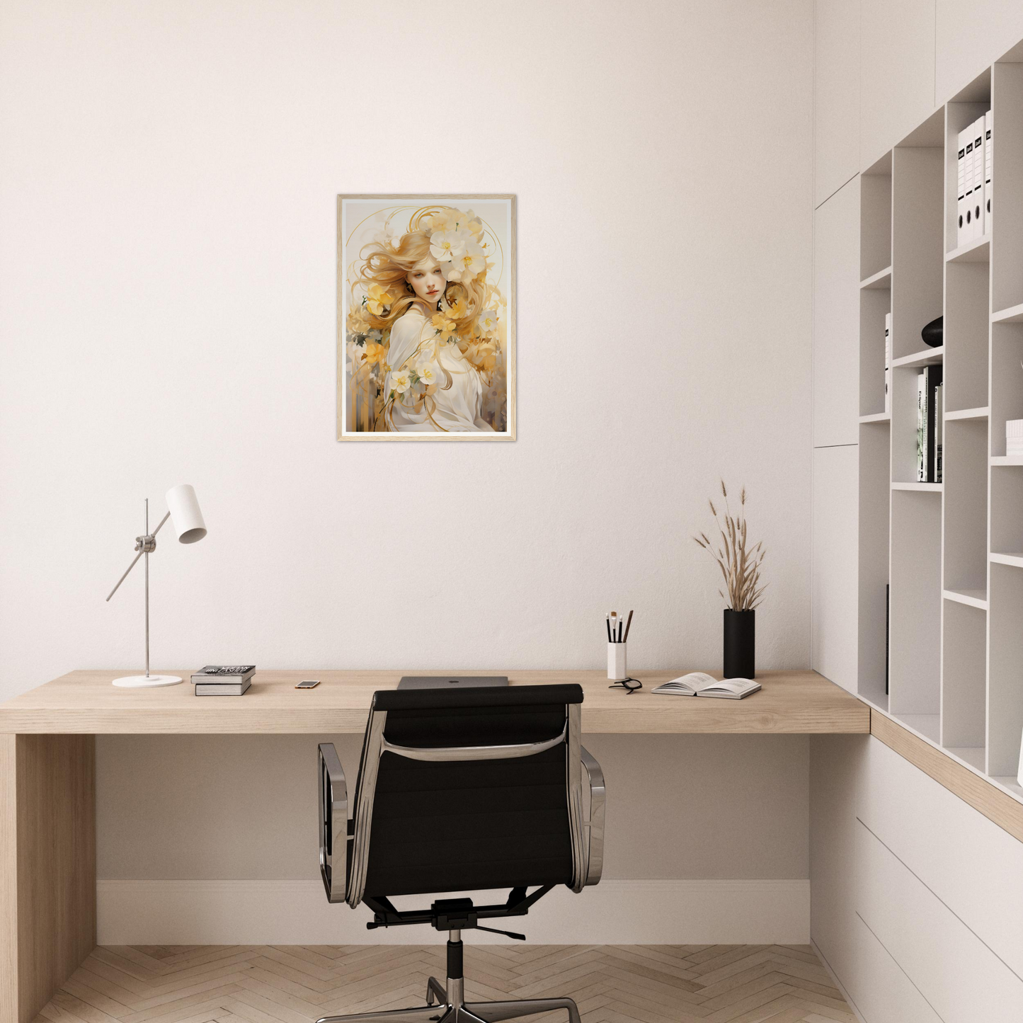 A painting of a woman in a white dress on a wall above a desk