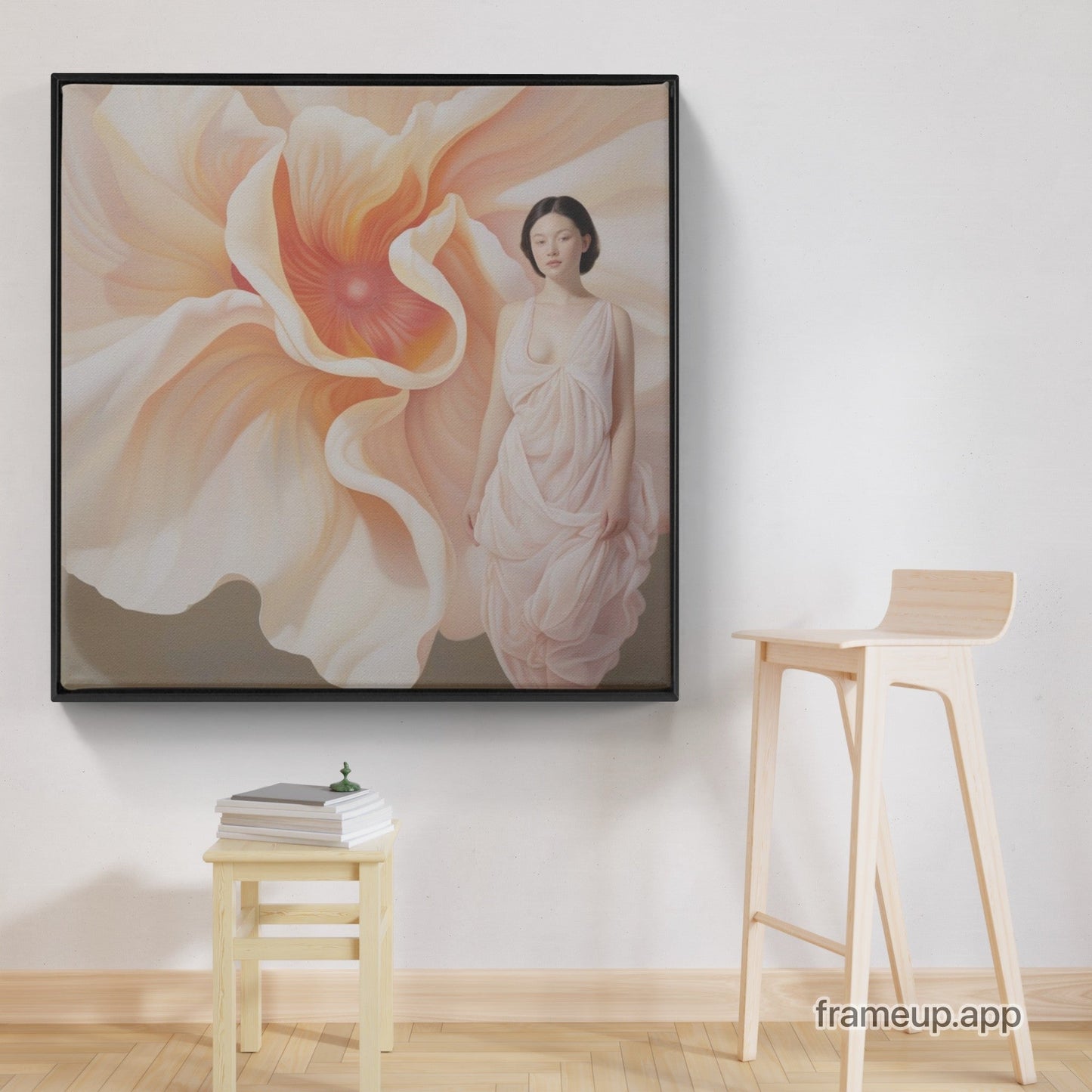 A painting of a woman in a white dress with a large flower