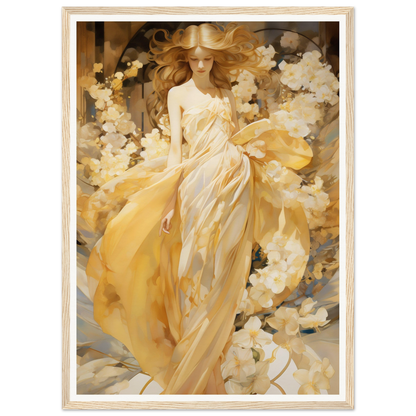 A painting of a woman in a yellow dress and hat