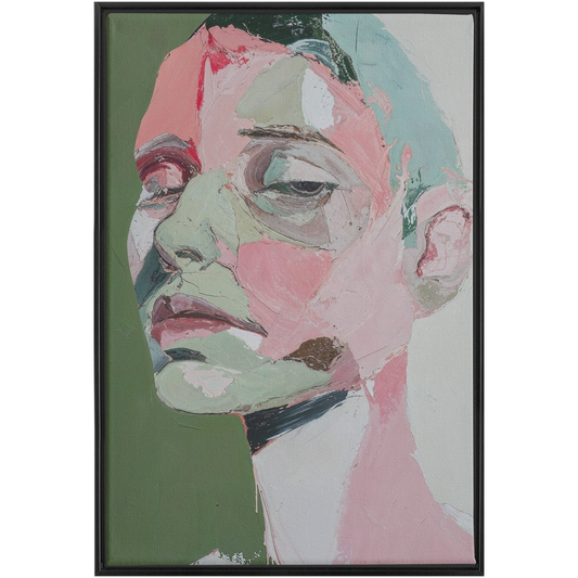 A painting of a woman’s face with green and pink