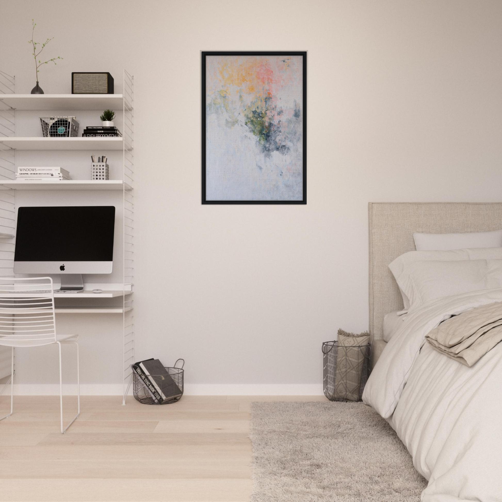 Minimalist bedroom featuring Paradox Gleam Prism wall decor with abstract artwork