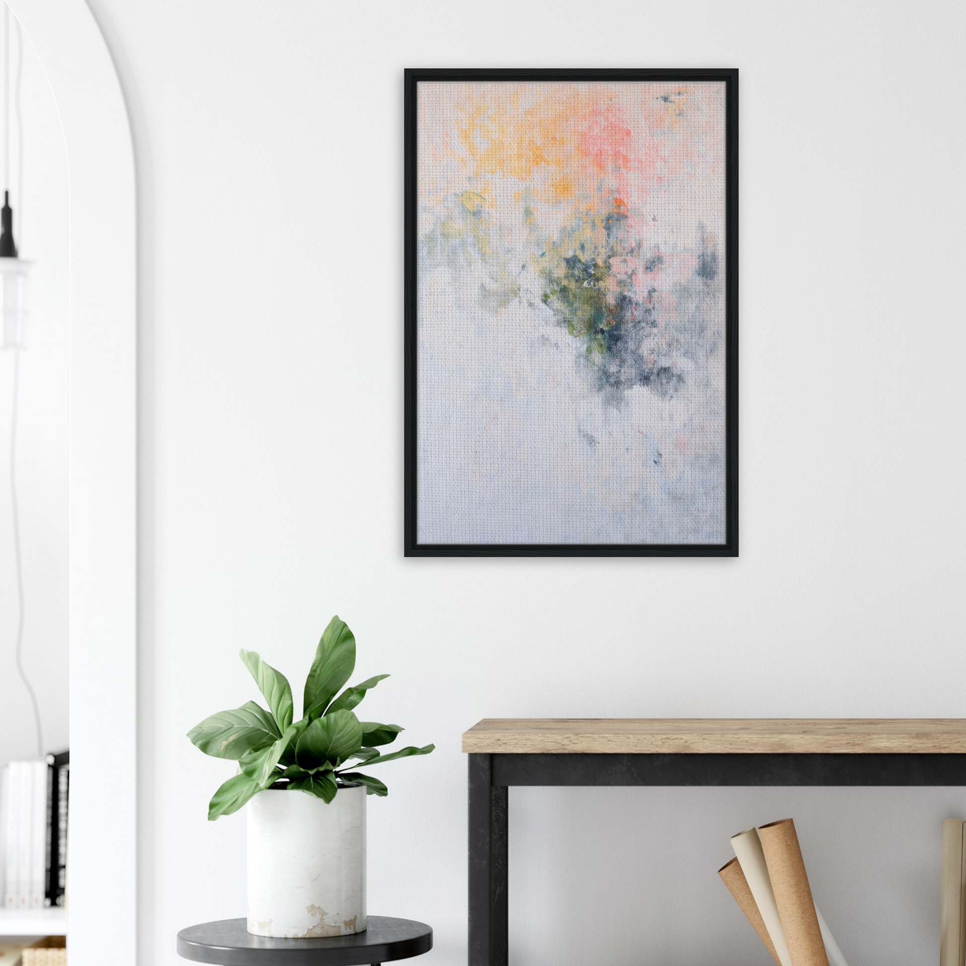 Abstract painting with pastel colors in a black frame for Paradox Gleam Prism room decor