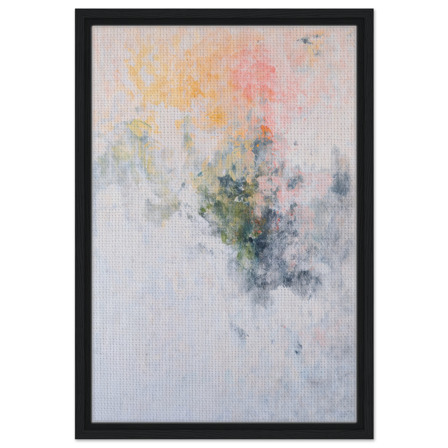 Abstract painting with soft pastel brushstrokes on textured canvas for Paradox Gleam Prism