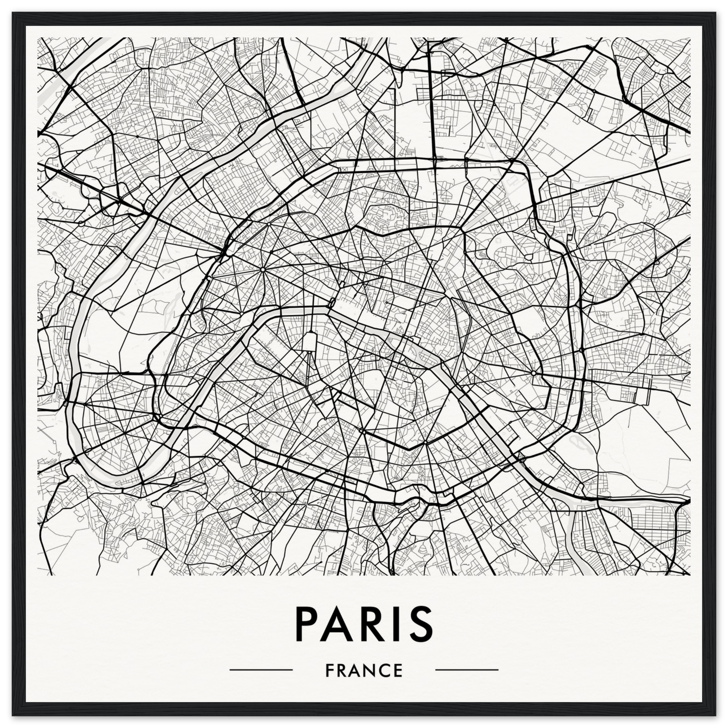 Map of Paris, France showing its intricate street network and urban layout.