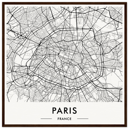 Map of Paris, France, showing the city’s street layout in black and white.