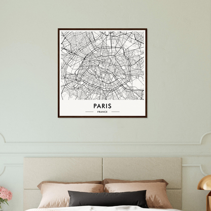 Framed map of Paris showing the city’s street layout and major landmarks.