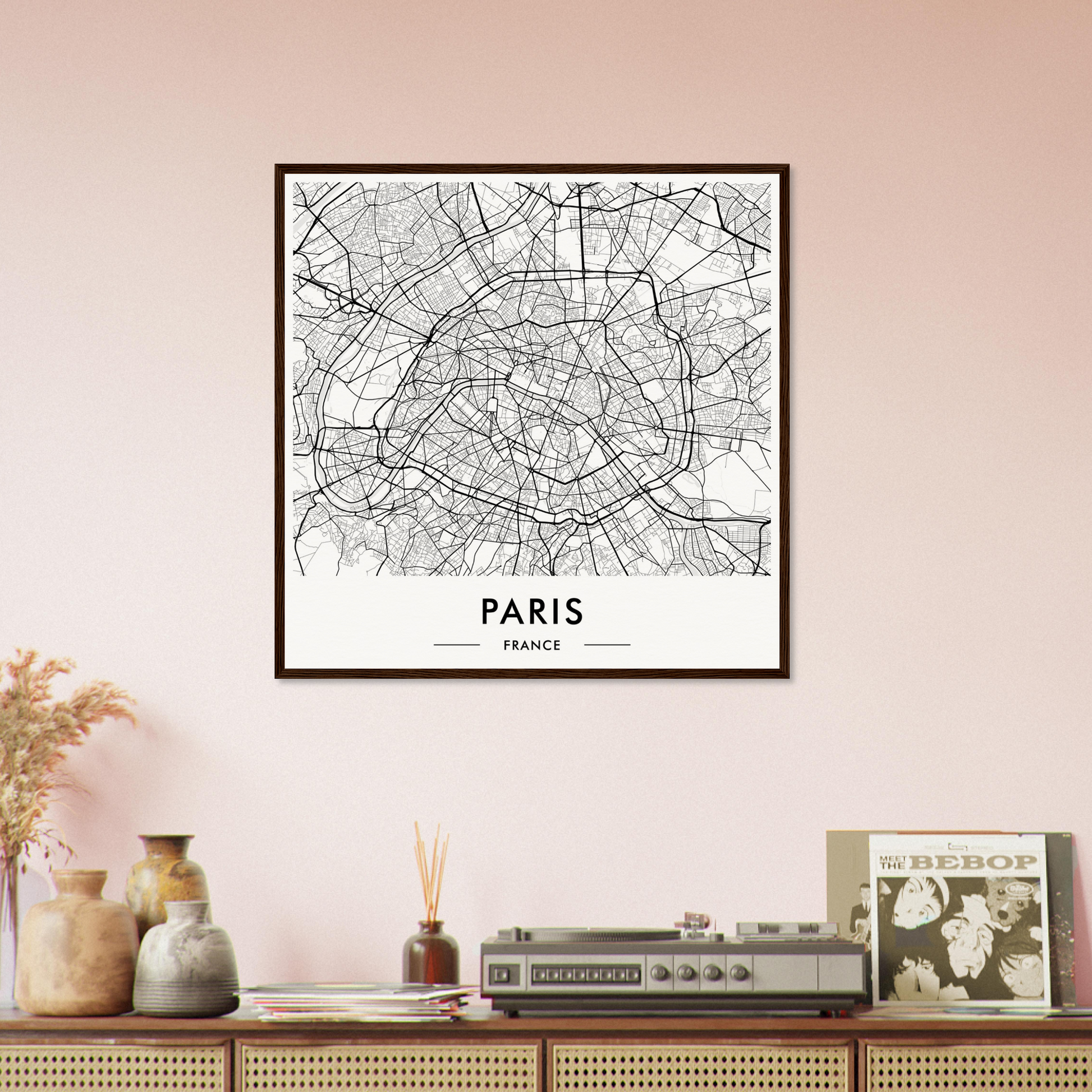 Framed map of Paris showing the city’s street layout.