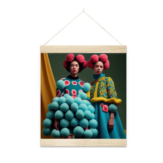 Hanging wall art featuring two figures in colorful, avant-garde outfits with spherical hair and clothing elements.