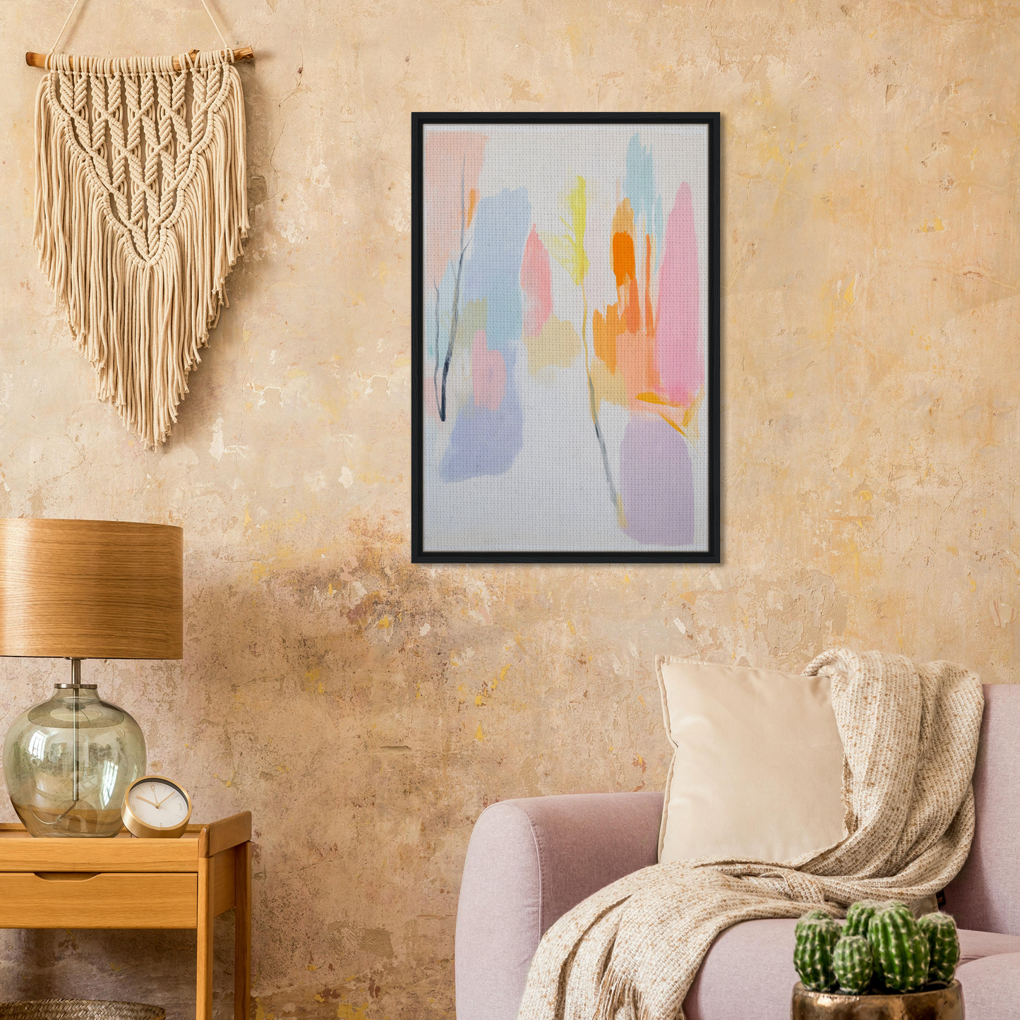 Framed abstract painting in soft pastel colors for elegant room decor, Pastel Dreamscape Melody