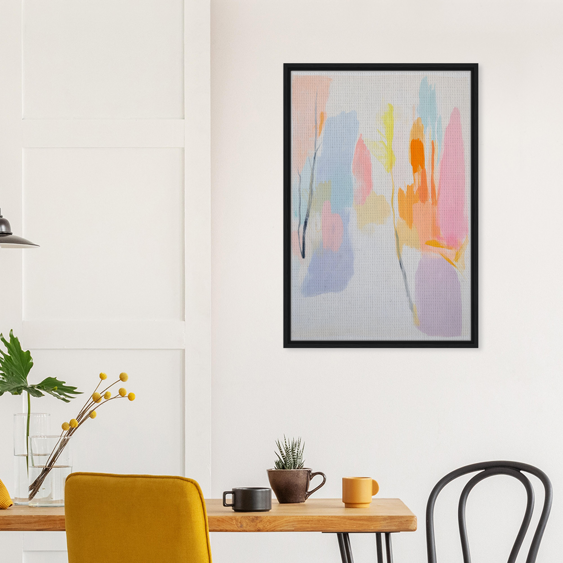 Abstract painting in soft pastels within a black frame for room decor, Pastel Dreamscape Melody