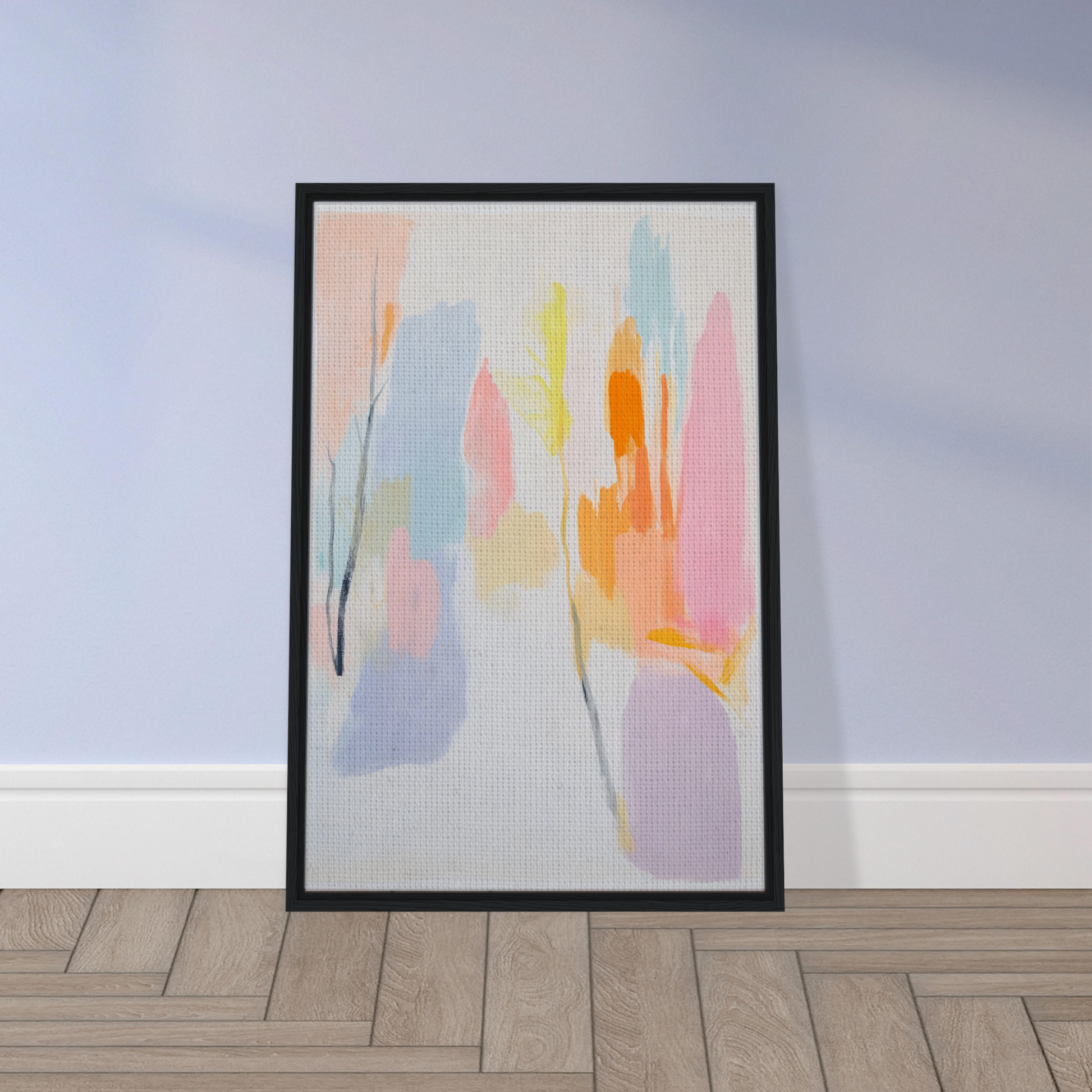 Framed abstract painting of soft pastel brushstrokes, showcasing Pastel Dreamscape Melody