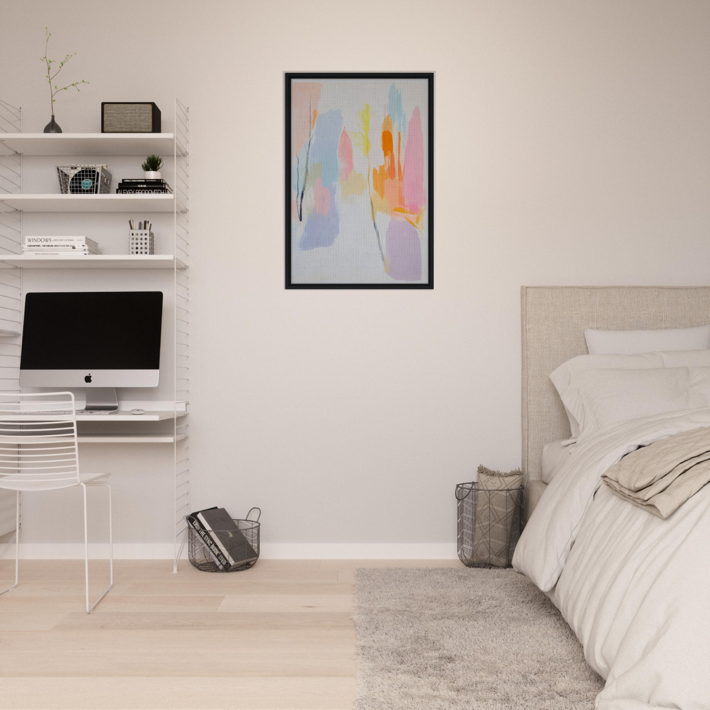 Abstract painting in soft pastel colors within a black frame, Pastel Dreamscape Melody