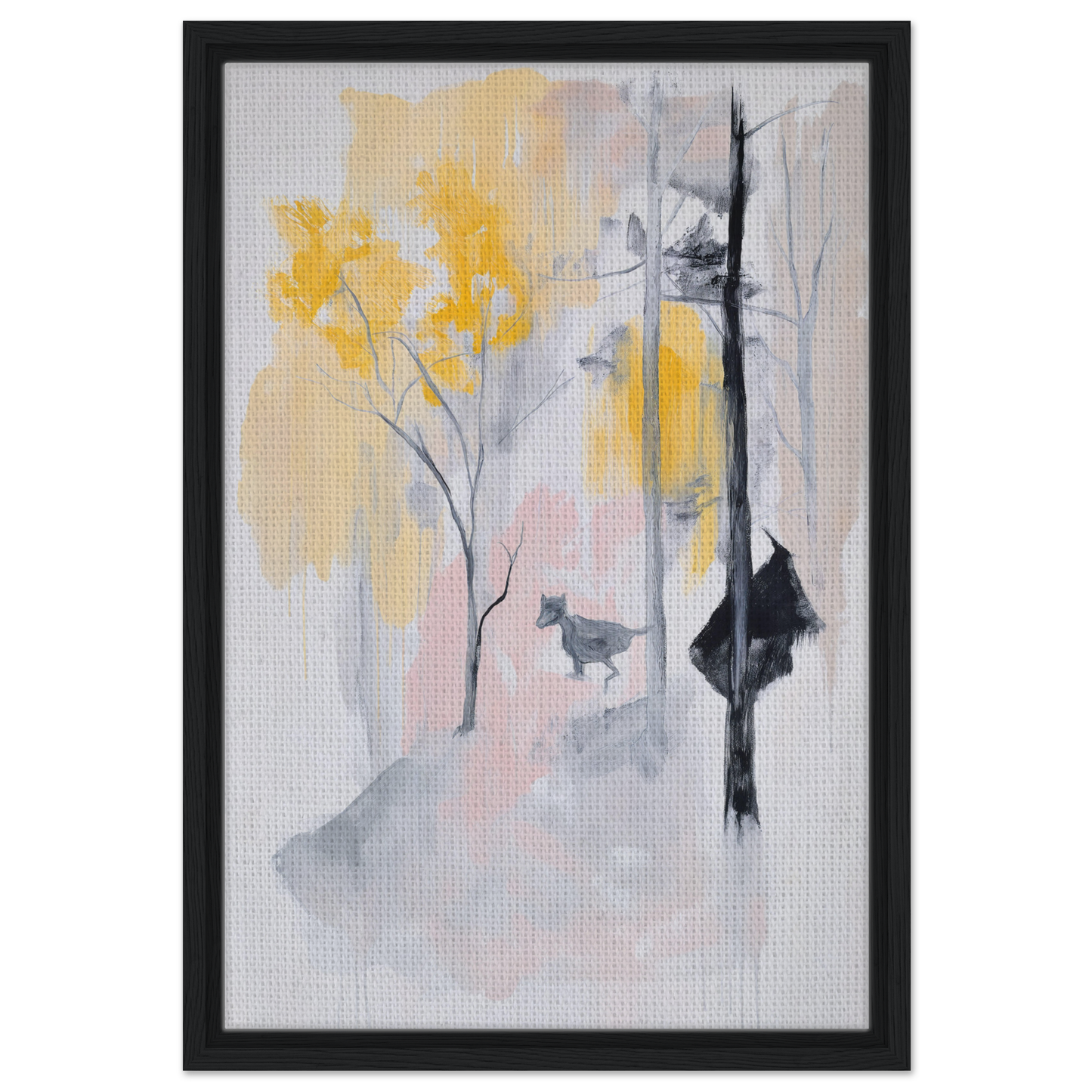 Abstract painting with yellow florals and gray elements for Pastel Whimsy Echo framed canvas print