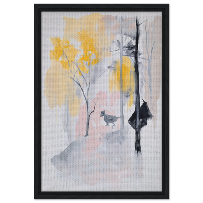 Abstract painting with yellow florals and gray elements for Pastel Whimsy Echo framed canvas print