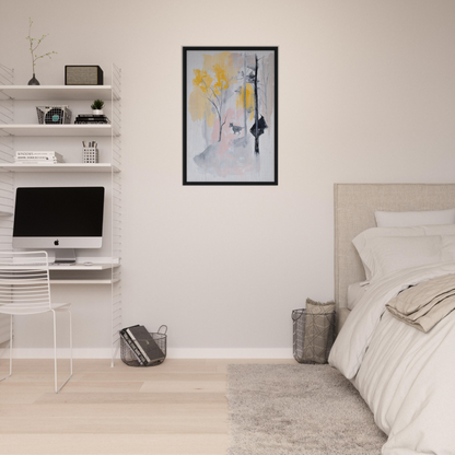 Minimalist bedroom with Pastel Whimsy Echo art, white walls, and modern decor accents