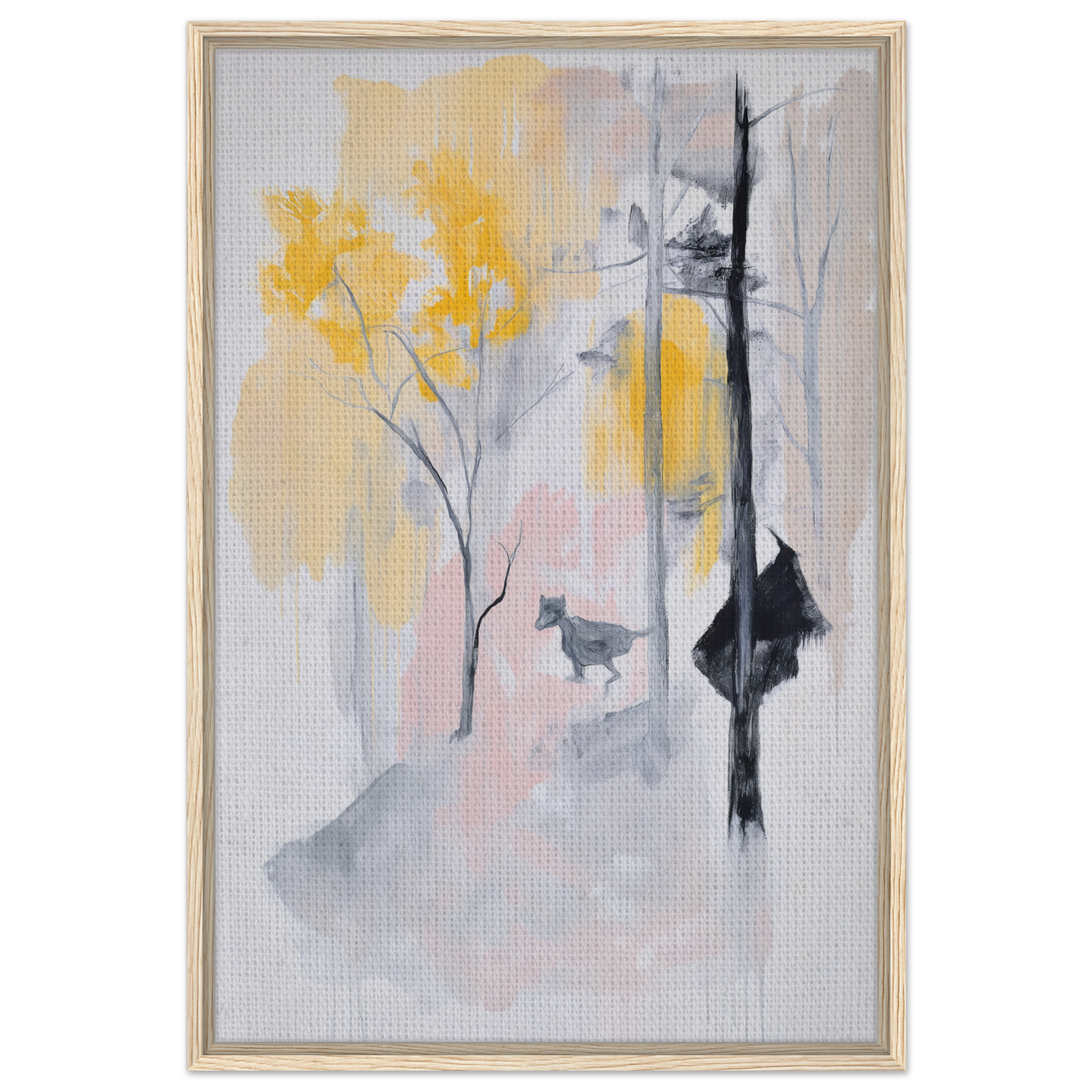 Abstract painting with yellow florals and a cat silhouette, Pastel Whimsy Echo Framed Canvas Print