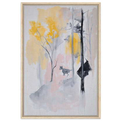 Abstract painting with yellow florals and a cat silhouette, Pastel Whimsy Echo Framed Canvas Print