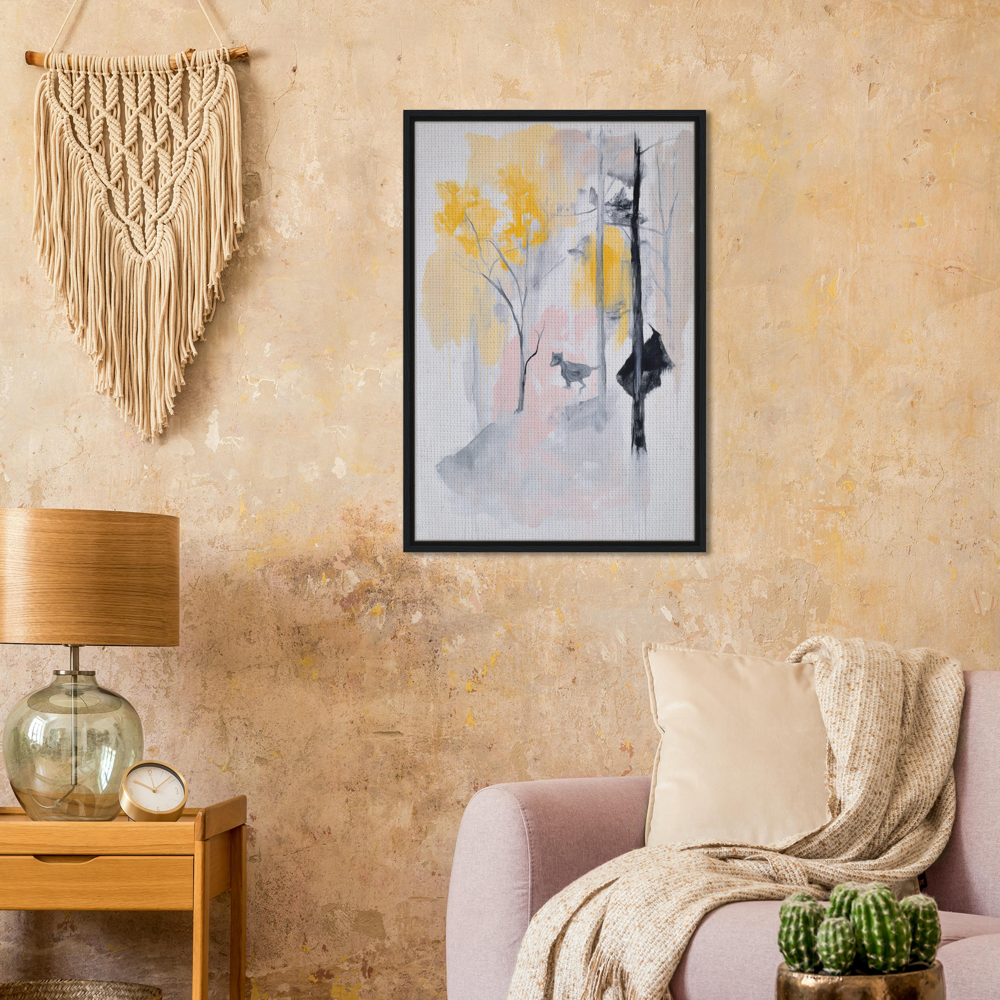 Framed abstract painting Pastel Whimsy Echo featuring muted colors and tree-like shapes