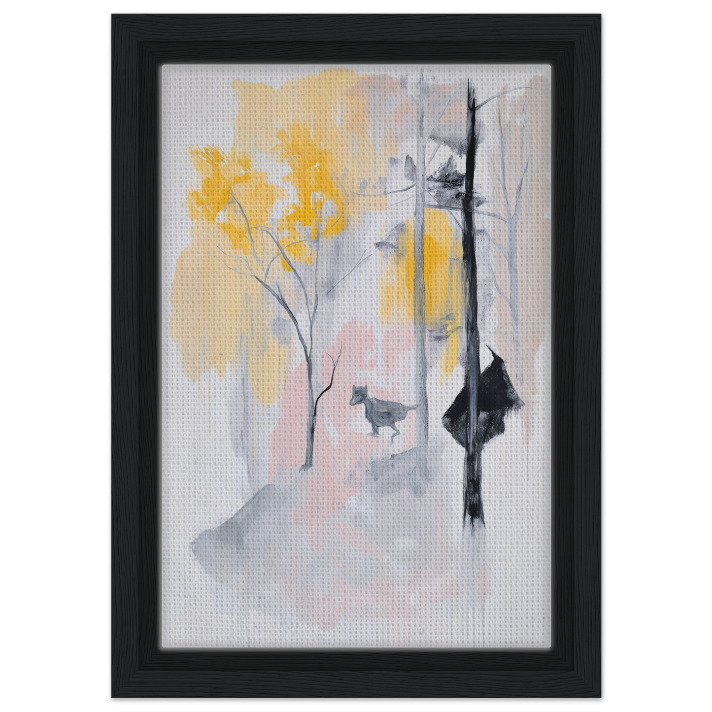 Abstract painting of yellow floral shapes and gray brushstrokes on a pale background, Pastel Whimsy Echo framed canvas print