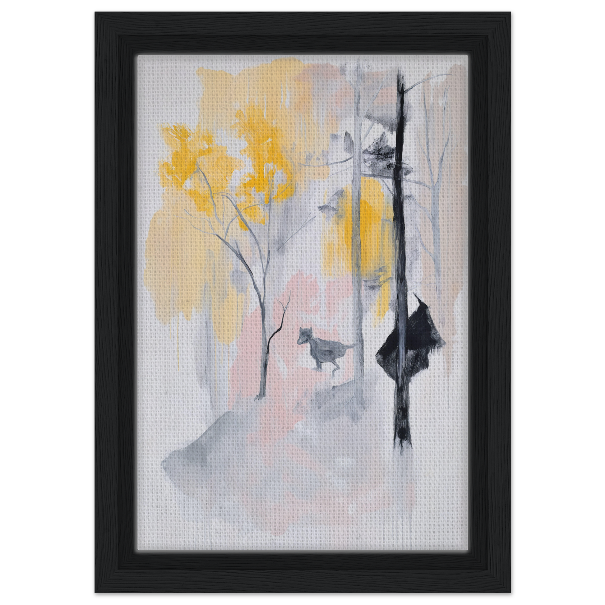 Abstract painting of yellow floral shapes and gray brushstrokes on a pale background, Pastel Whimsy Echo framed canvas print