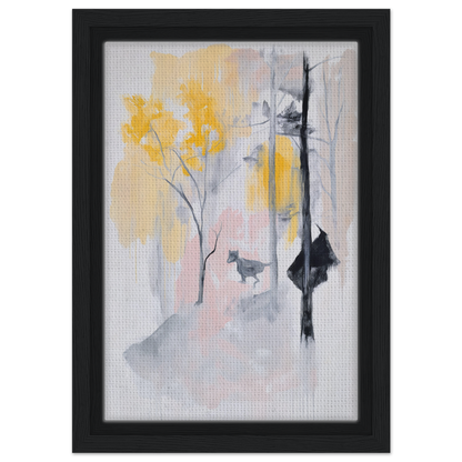 Abstract painting of yellow floral shapes and gray brushstrokes on a pale background, Pastel Whimsy Echo framed canvas print