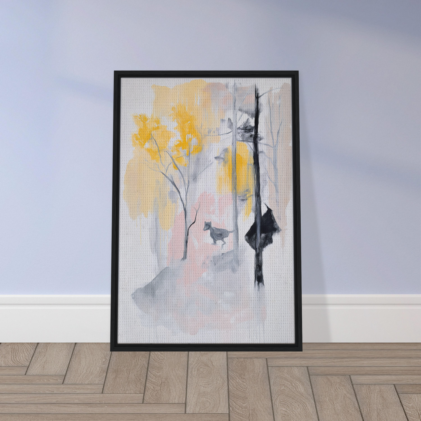 Framed canvas print of Pastel Whimsy Echo with abstract yellow flowers and tree silhouettes