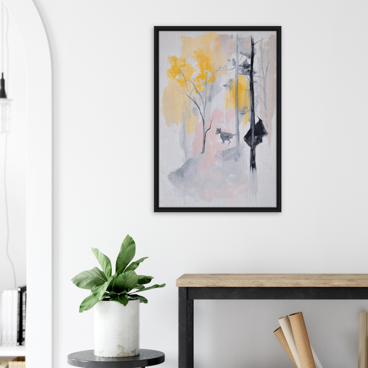 Abstract painting in yellow, gray, and black frame for Pastel Whimsy Echo room decor