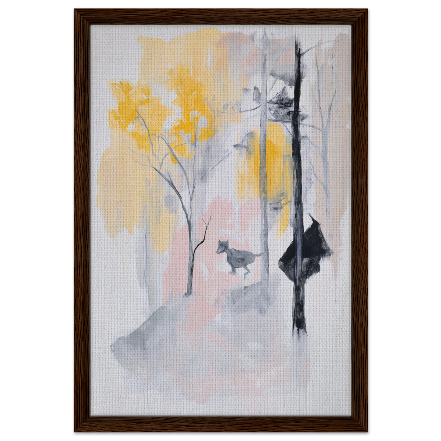 Abstract painting of yellow flowers and dark trees in Pastel Whimsy Echo framed canvas print