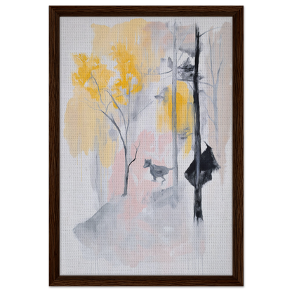 Abstract painting of yellow flowers and dark trees in Pastel Whimsy Echo framed canvas print