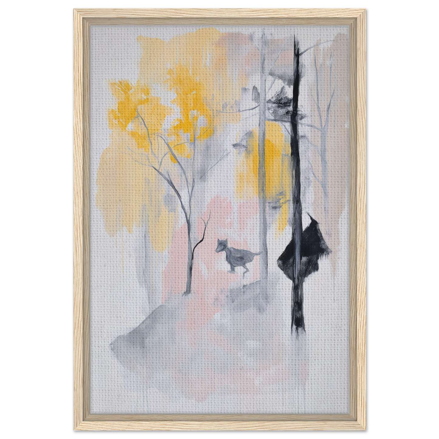 Abstract painting of yellow flowers and shadowy figures, ideal for Pastel Whimsy Echo room decor