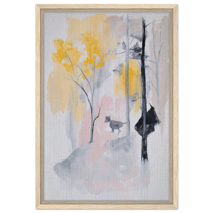 Abstract painting of yellow flowers and shadowy figures, ideal for Pastel Whimsy Echo room decor