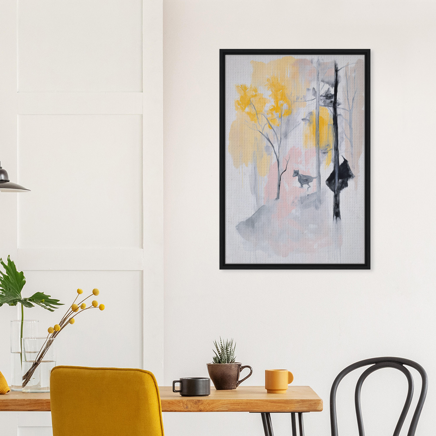 Abstract painting of yellow flowers with dark silhouettes on misty gray, Pastel Whimsy Echo framed canvas print