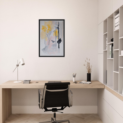 Minimalist home office with Pastel Whimsy Echo, wooden desk, chair, and framed canvas art