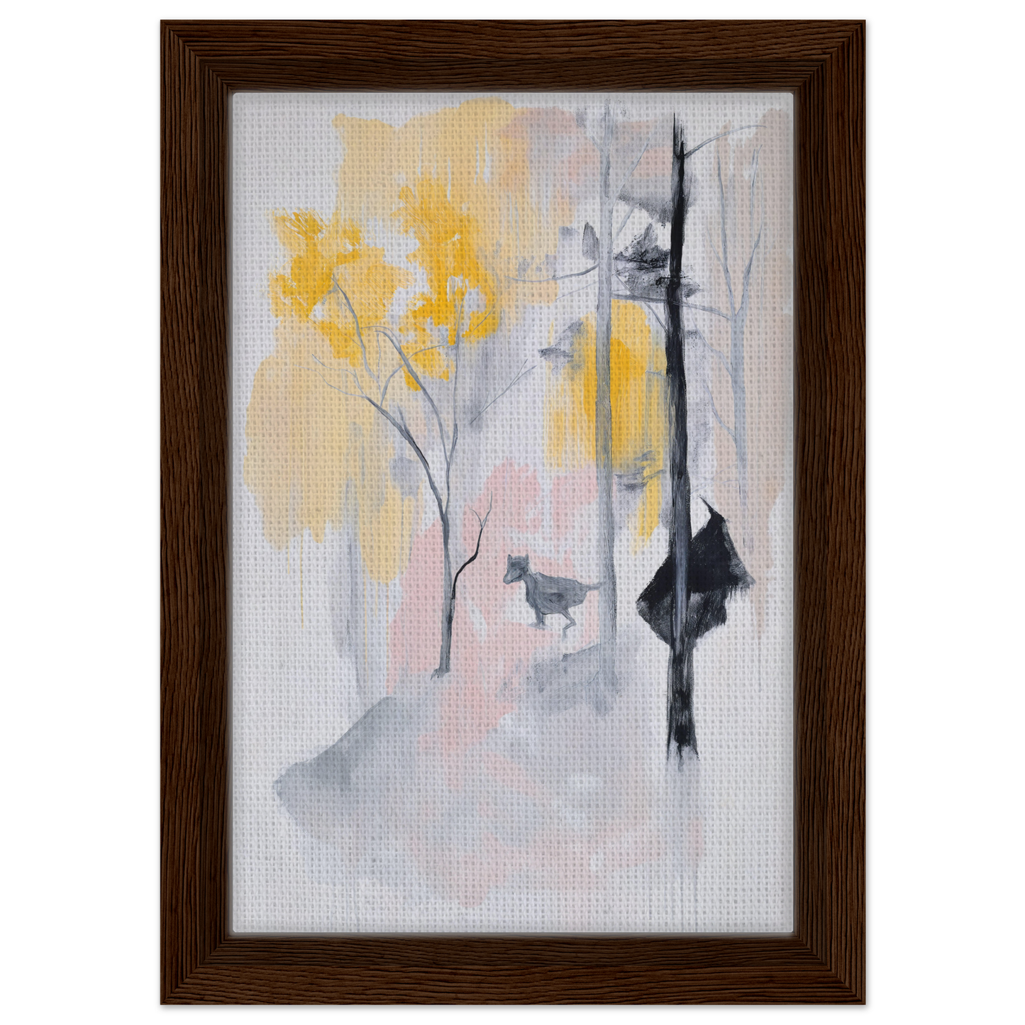 Abstract painting of yellow flowers and gray silhouettes in Pastel Whimsy Echo framed canvas print