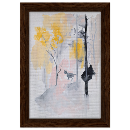 Abstract painting of yellow flowers and gray silhouettes in Pastel Whimsy Echo framed canvas print