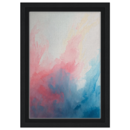 Abstract painting in soft pink and blue blends, framed canvas print titled Pastel Whirl Dance