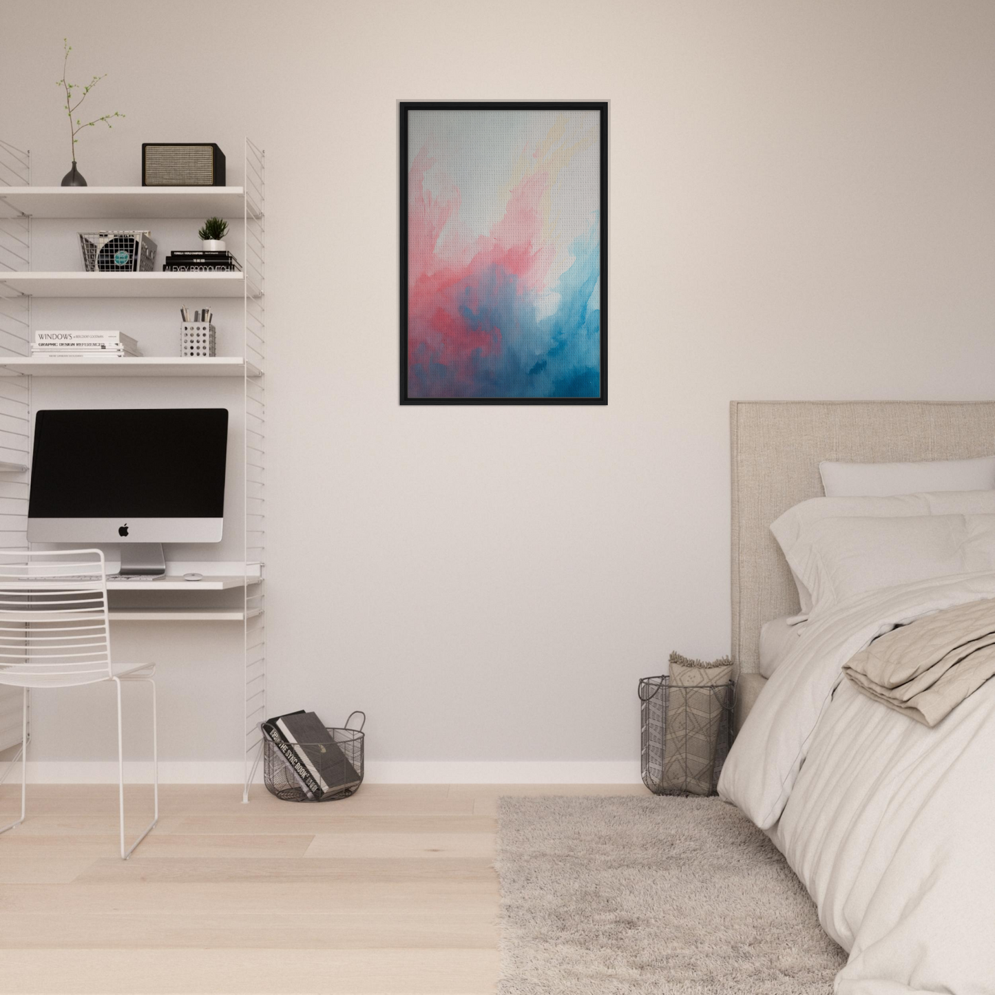 Abstract painting in pink, blue, and white for Pastel Whirl Dance room decor