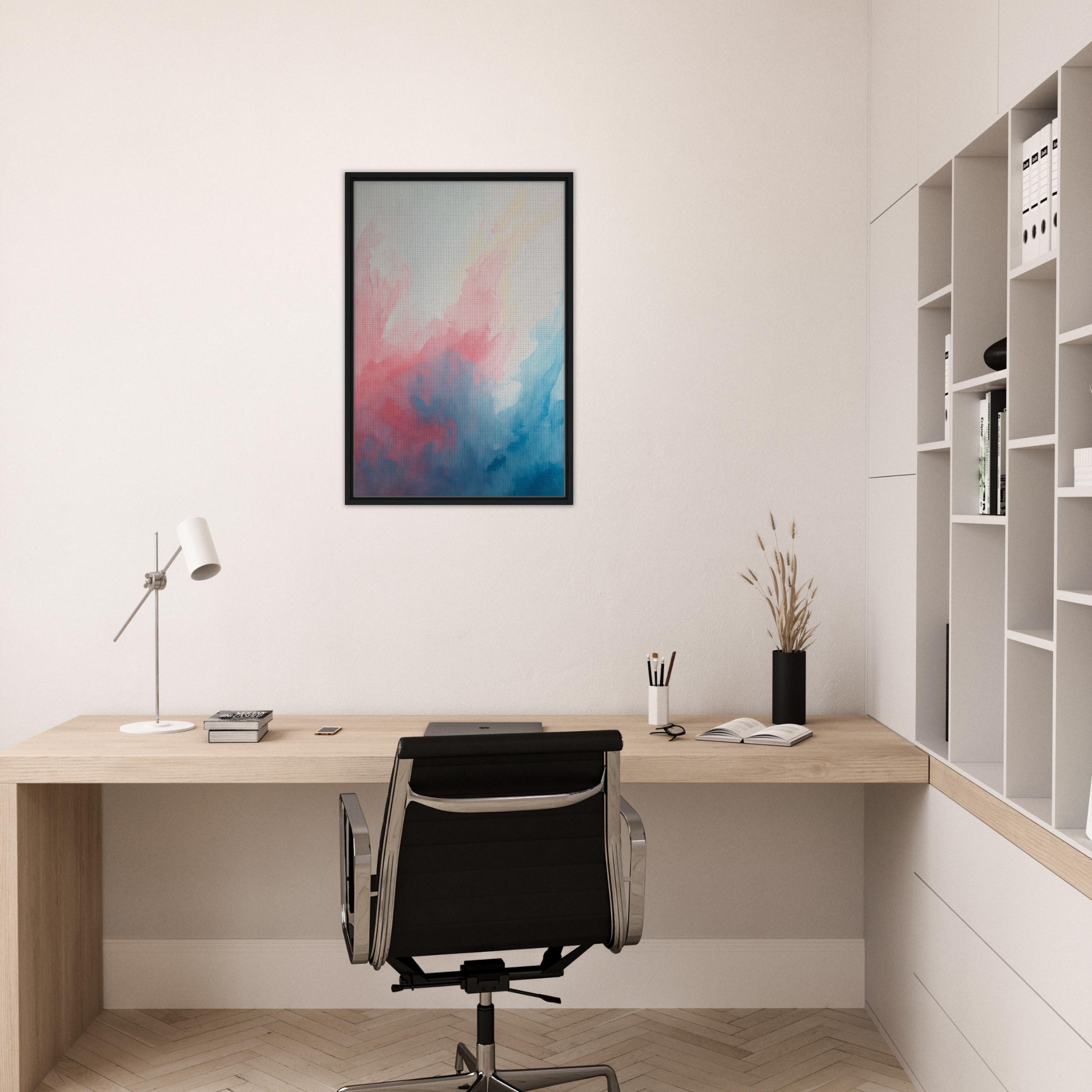 Minimalist home office with Pastel Whirl Dance framed canvas print and stylish desk