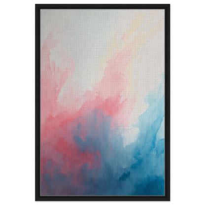 Abstract painting in soft pink, blue, and white hues, Pastel Whirl Dance framed canvas print